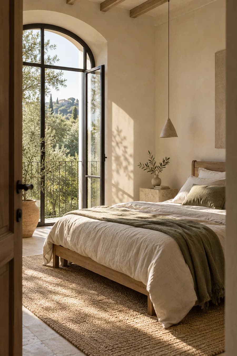 A welcoming bedroom with linen bedding and an arched window