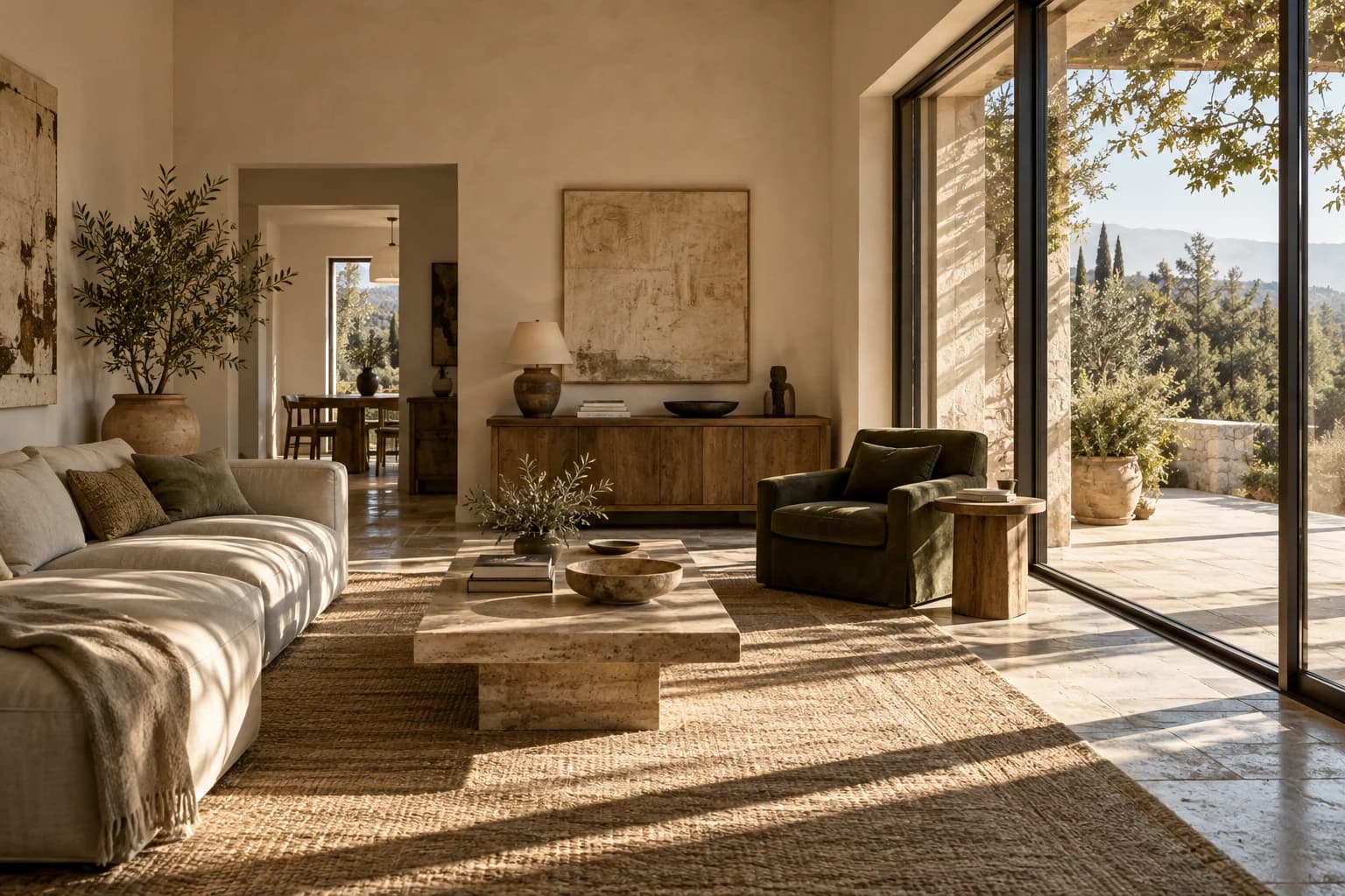 Sunlit apartment with natural materials and a terrace